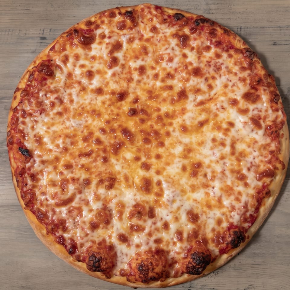Whole cheese pizza with a golden crust and bubbly melted cheese on a wooden table.