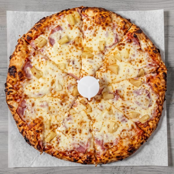 Whole Hawaiian pizza with ham, pineapple, and a white pizza saver on a light wooden table.